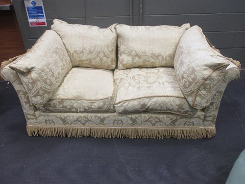 Lot 355 - A two seater sofa in gold damask fabric with...