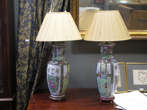 Lot 372 - A pair of Cantonese vase lamps with pleated...