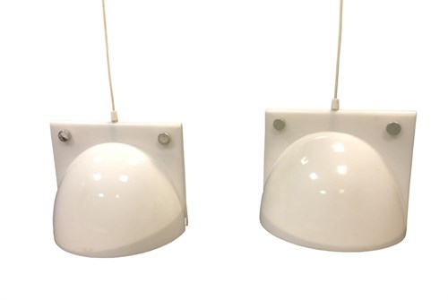 Lot 82 - Harvey Guzzini, a pair of white acrylic 'Orione' pendant lights, circa 1970