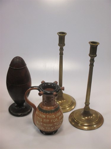 Lot 98 - A lignum vitae spice grinder, a pair of brass...