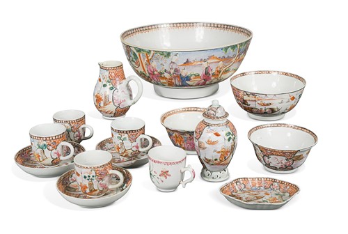 Lot 32 - A collection of Chinese famille rose porcelain Manchu Courtiers tea wares, Qianlong, circa 1780