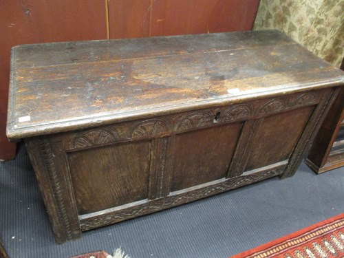 Lot 389 - An early 18th century oak coffer, 115cm wide...
