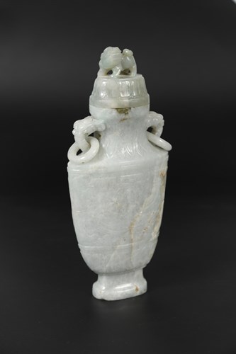 Lot 204 - A nephrite jade ring-handled vase with cover and stand, 20th century