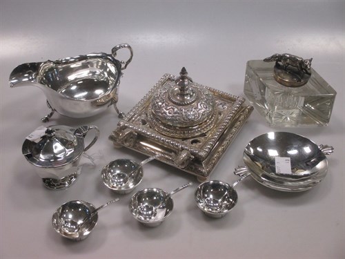 Lot 208 - A silver sauceboat, a silver mustard with blue...