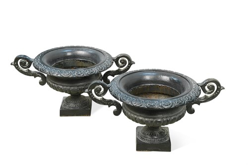 Lot 222 - A pair of twin-handled painted cast iron urns