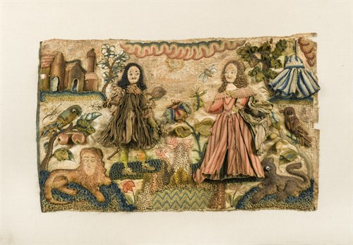 Lot 184 - A 17th century stumpwork picture of Charles II and Catherine of Braganza