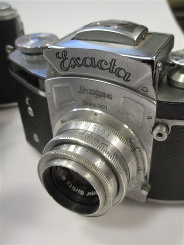 Lot 103 - An Exacta Jhagee SLR camera with case, a G B...