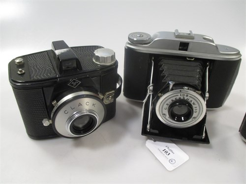 Lot 103 - An Exacta Jhagee SLR camera with case, a G B...