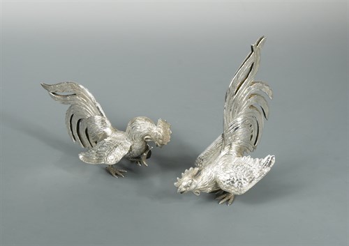 Lot 24 - A pair of 20th century continental silver fighting cocks