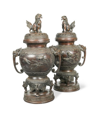 Lot 83 - A pair of Japanese bronze vases with covers, late Meiji period