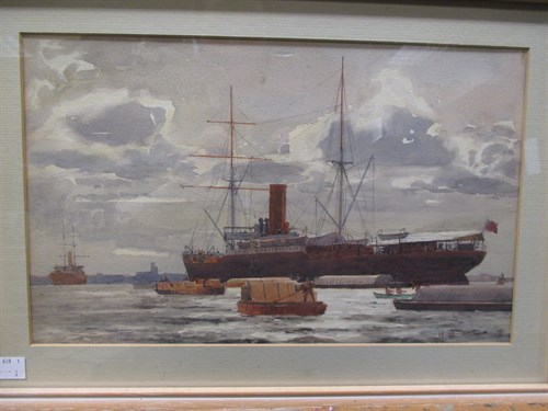 Lot 219 - Three watercolours of shipping scenes, 22 x 36cm