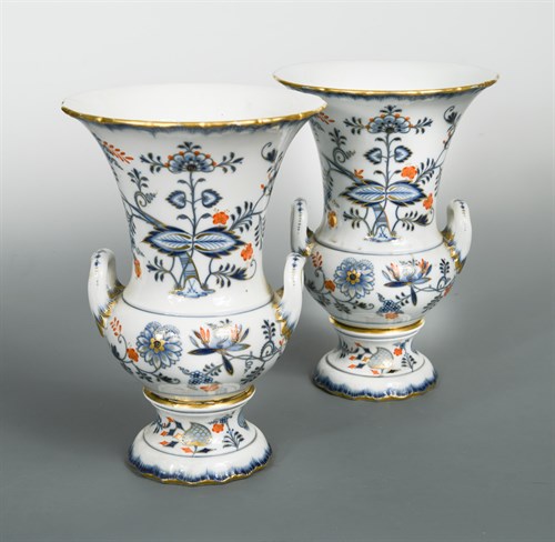 Lot 32 - A pair of Meissen Imari two handled campana shaped vases, 20th century