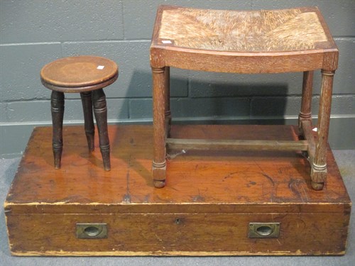 Lot 357 - An oak dished seat stool, a small circular...