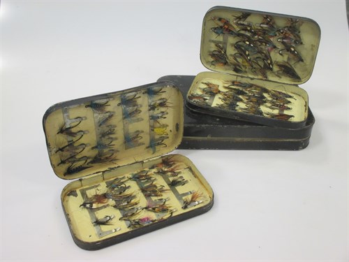 Lot 111 - Three Japanned fly boxes, two by Malluch's,...