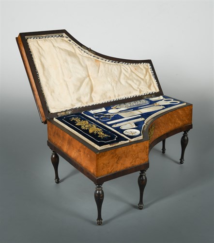 Lot 417 - A late 19th century French birdseye maple Palais Royale type sewing box in the form of a harpsichord