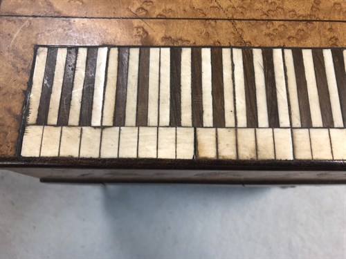 Lot 417 - A late 19th century French birdseye maple Palais Royale type sewing box in the form of a harpsichord