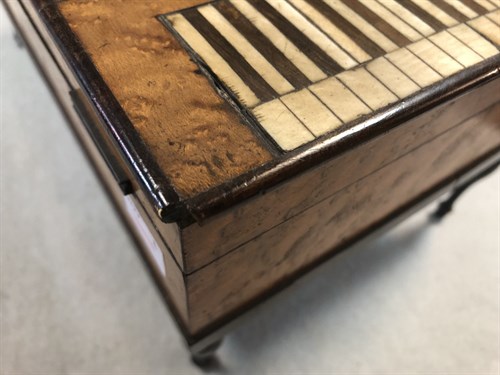 Lot 417 - A late 19th century French birdseye maple Palais Royale type sewing box in the form of a harpsichord