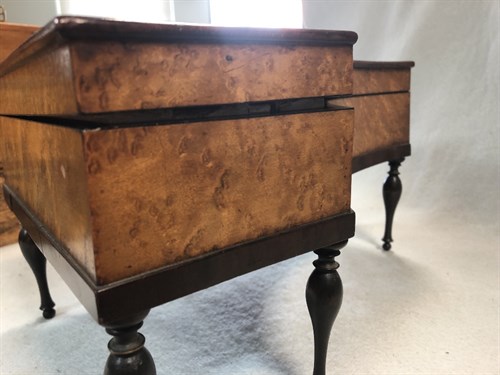 Lot 417 - A late 19th century French birdseye maple Palais Royale type sewing box in the form of a harpsichord
