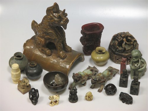 Lot 57 - Chinese glazed roof tile, seals, netsuke etc
