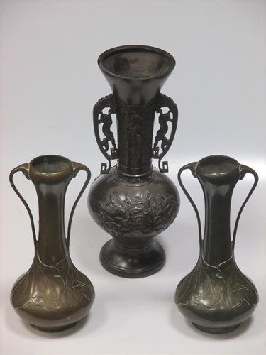 Lot 92 - A pair of Japanese bronze vases and another...