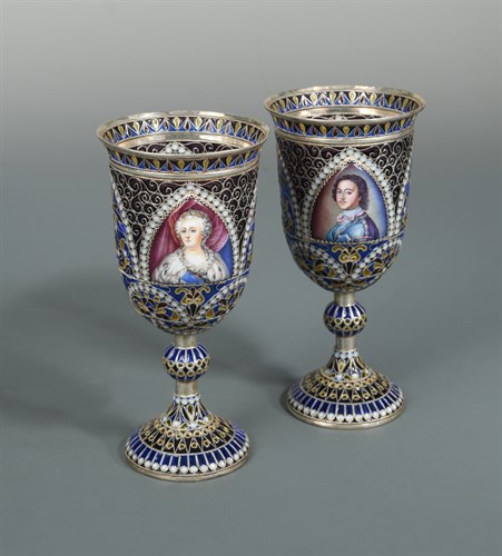 Lot 462 - A pair of 20th century plique a jour and enamel goblets, probably Russian
