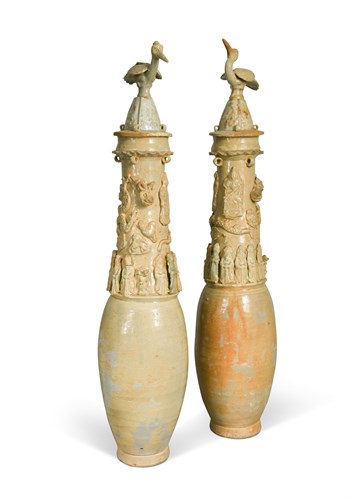 Lot 214 - A Pair of large Chinese celadon Qingbai glazed funerary jar with covers,  Song Dynasty