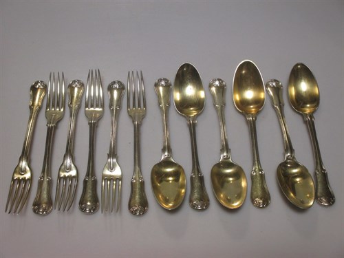 Lot 150 - A set of six gilded dessert forks and spoons,...