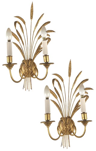 Lot 308 - A pair of gilt gesso and wire two branch wall lights