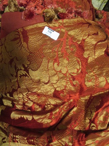 Lot 538 - Two pairs of interlined red damask curtains,...