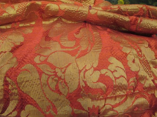 Lot 537 - Two pairs of interlined red damask curtains,...