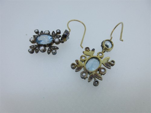Lot 331 - A pair of blue topaz, seed pearl and diamond earpendants
