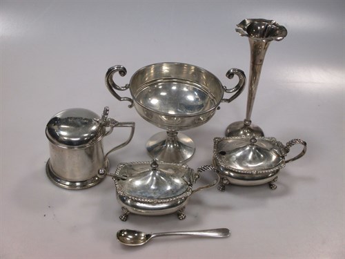 Lot 257 - Three silver mustards, one with a silver spoon,...