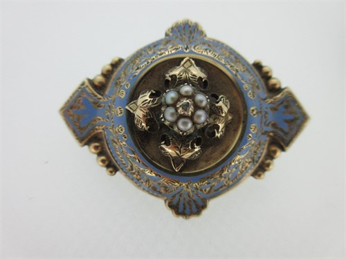 Lot 271 - A Victorian enamel, seed pearl and diamond brooch, and another similar with coral and enamel