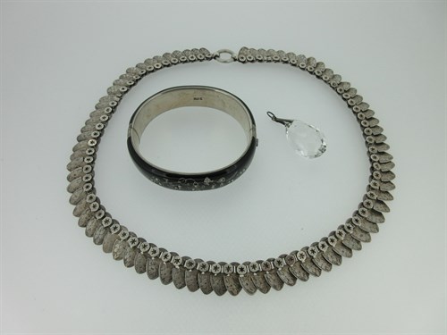 Lot 347 - A Victorian fringe collar necklace, together with an Austro-Hungarian enamel hinged bangle and a briolette pendant