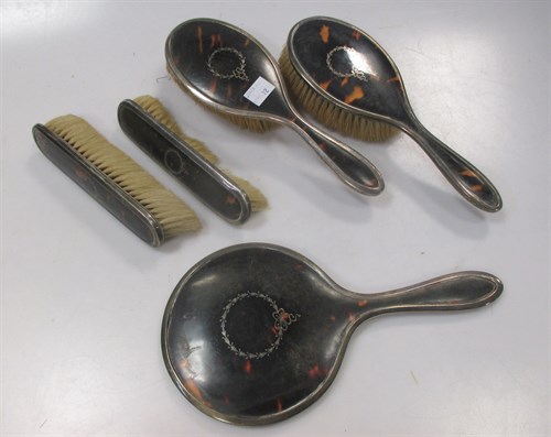 Lot 163 - A silver and tortoishell dressing table set (5)