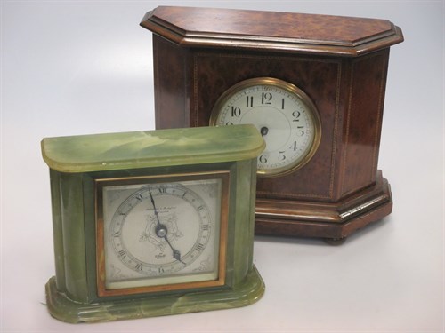 Lot 33 - An early 20th century burr yew mantle clock,...