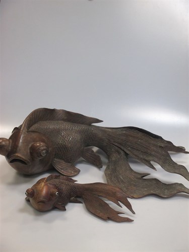 Lot 35 - Two Japanese carved wood Fantail Goldfish, the...