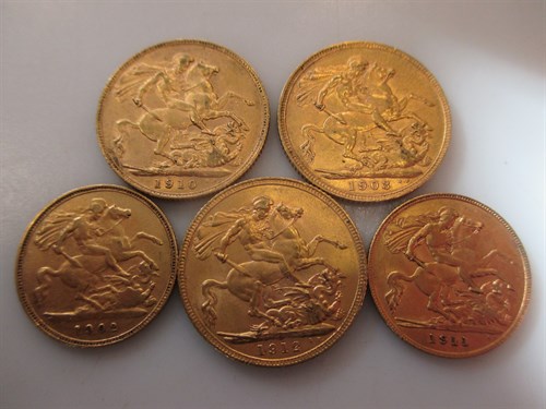 Lot 208 - Three gold sovereigns, 1903, 1910 and 1912 and...