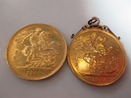 Lot 209 - Two gold £1 coins, 1887 and 1893 (mounted), (2)