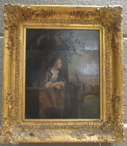 Lot 317 - A 19th century oil on panel of a woman gazing...