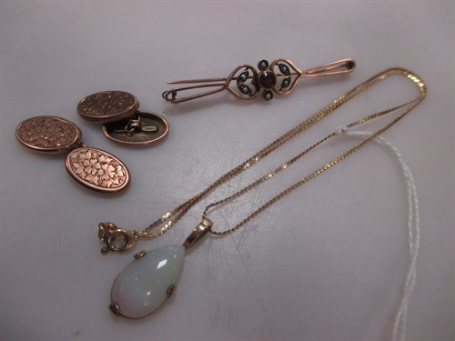 Lot 197 - A pair of 9ct gold cufflinks, and opal pendant...