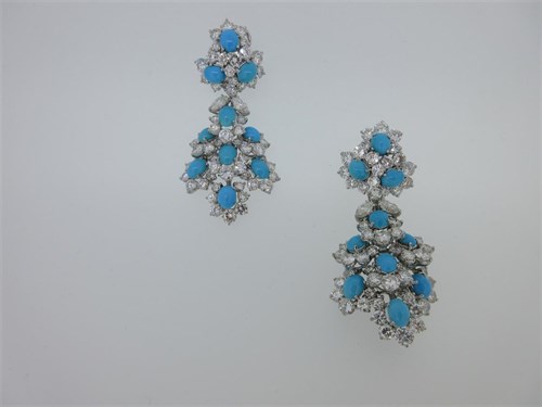 Lot 244 - An impressive pair of turquoise and diamond articulated pendant earrings