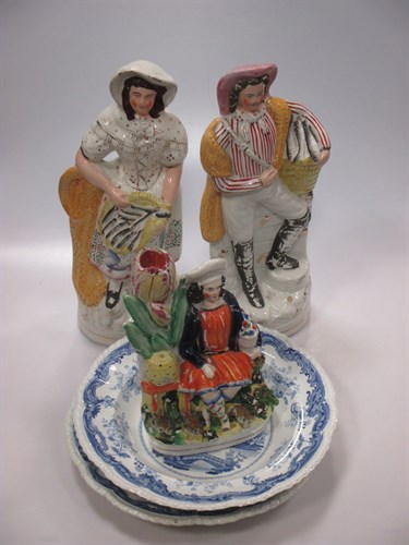 Lot 73 - Three Staffordshire flat back figures and two...
