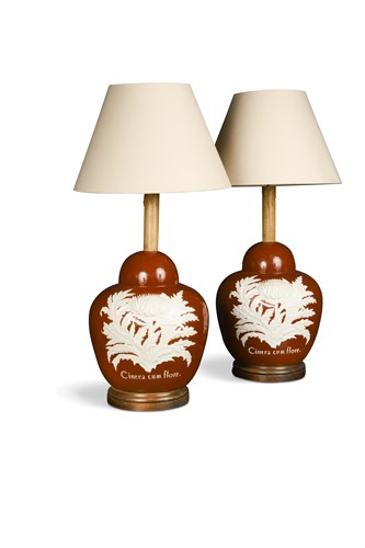 Lot 444 - A large pair of late 20th century cinnamon glazed table lamps