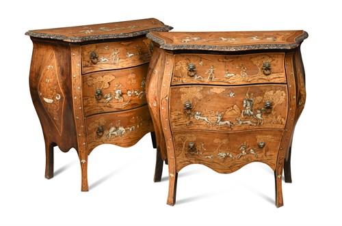 Lot 560 - A pair of late 18th century Lombardy walnut and marquetry inlaid bombe commodes