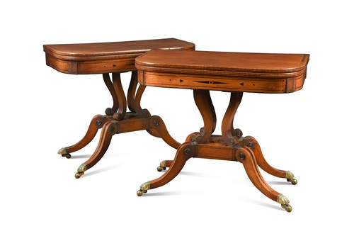 Lot 609 - A pair of Regency mahogany and ebony inlaid card tables