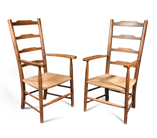 Lot 123 - A pair of Arts and Crafts ash ladder back armchairs