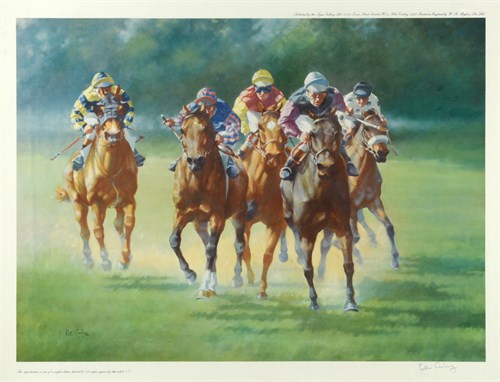 Lot 28 - Peter Curling, Horses racing, colour print,...