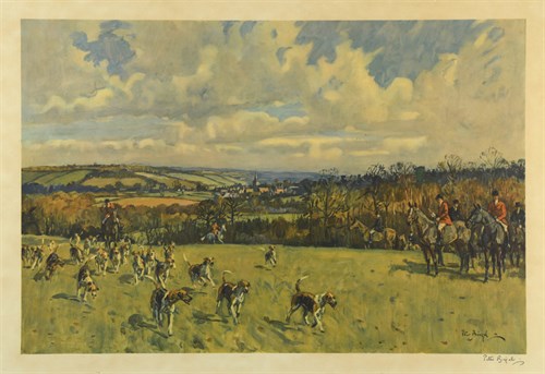 Lot 56 - Peter Biegel, Field with hounds approaching,...