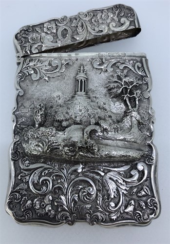 Lot 369 - A rare Victorian silver 'Castle Top' card case by Nathaniel Mills